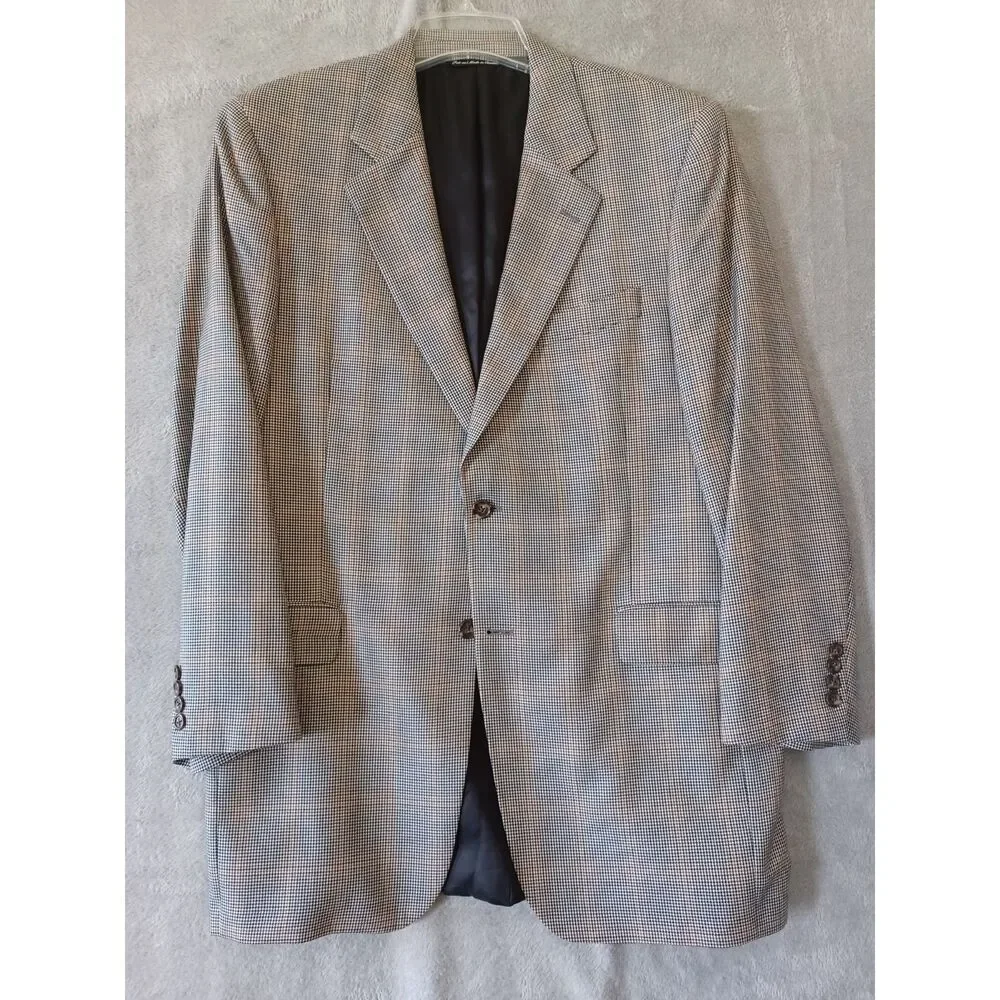 Jack Victor Loretowood Blazer Micro Houndstooth Plaid Cashmere Silk 42L Beige